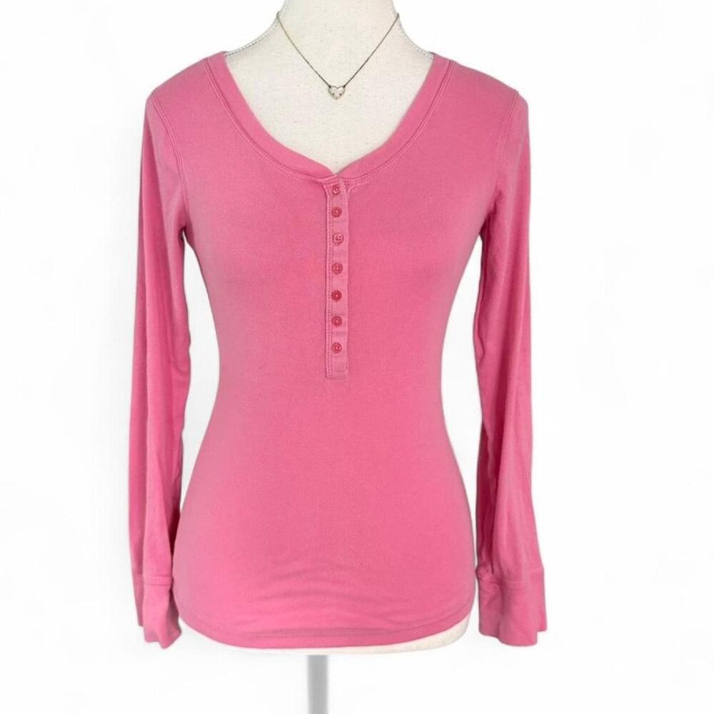 Pink Y2K Fitted Henley 2000s 100% Cotton Long Sleeve Size M